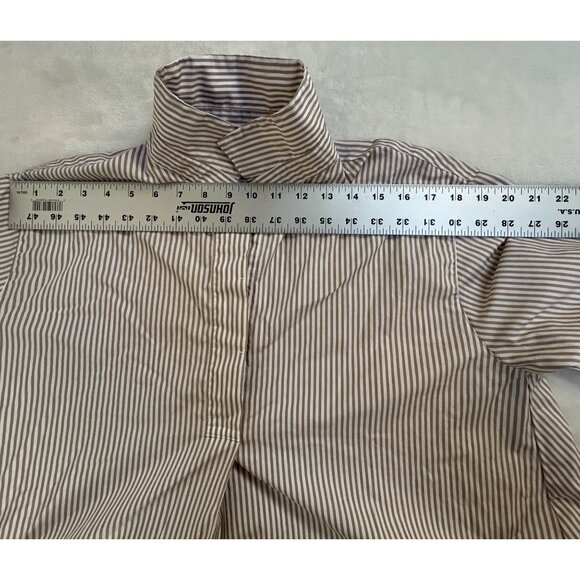 Womens Brown & White Collared 3/4 Sleeve A-Line Striped Shirt Dress Pockets - Picture 4 of 7